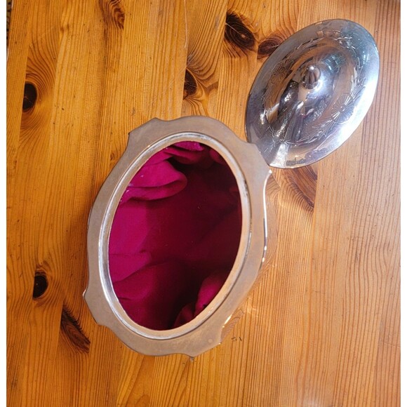 Vintage Silver Plate Trinket Jewelry Box w Lid Red Velvet Inside Engraved Design - Picture 5 of 16